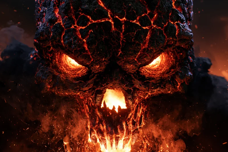 Demonic skull made of cracked volcanic rock with glowing lava eyes and mouth, surrounded by smoke and sparks
