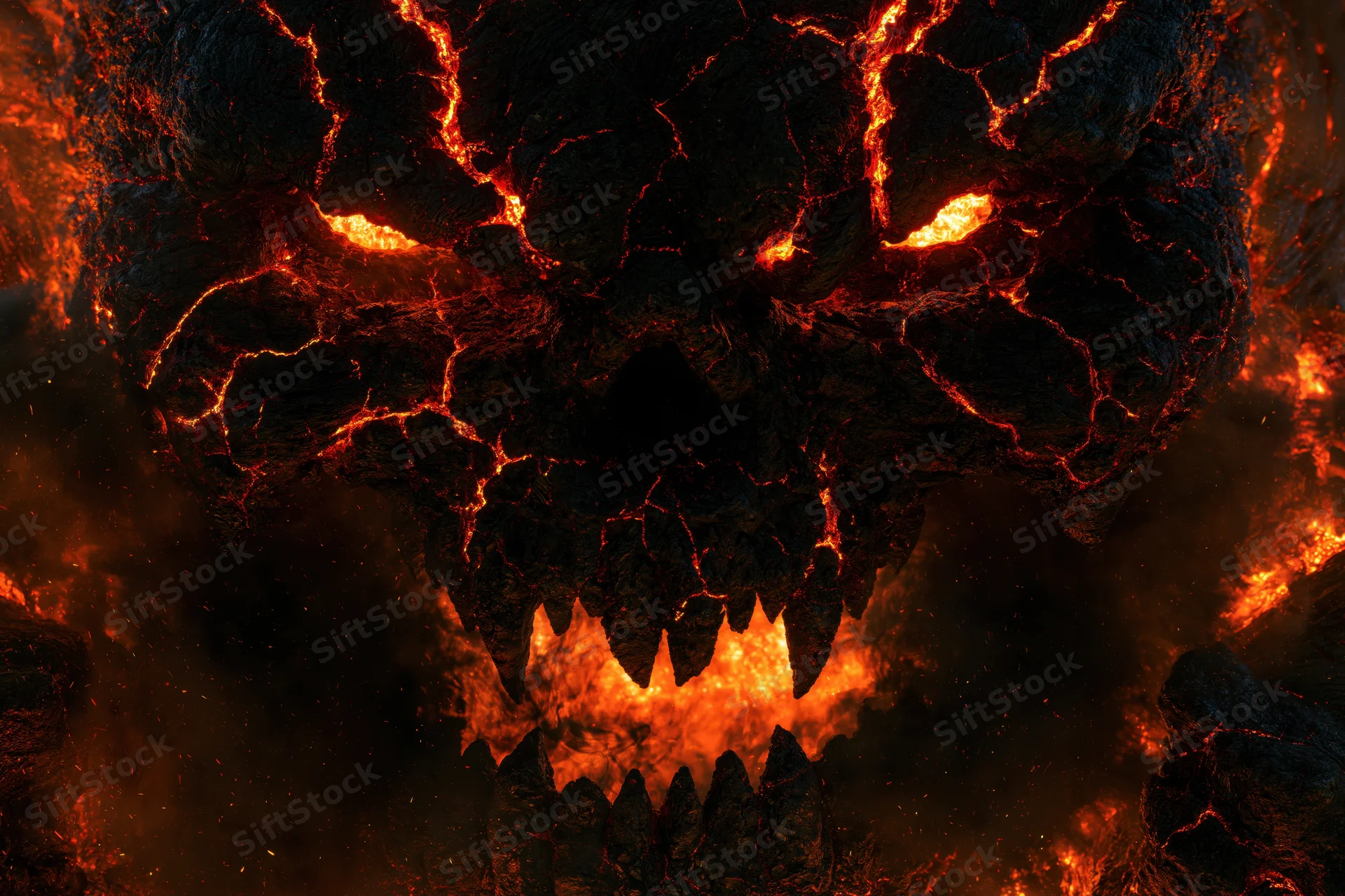 Close-up of a demonic skull made of cracked volcanic rock with glowing lava veins and fiery eyes