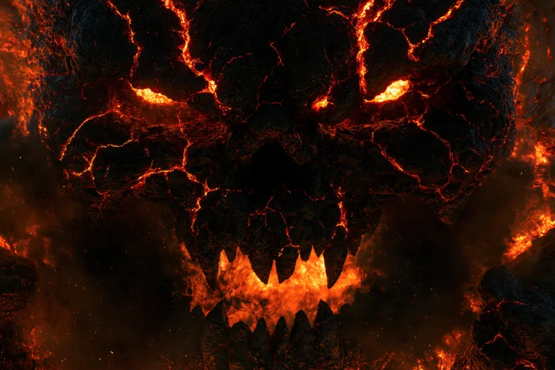 Close-up of a demonic skull made of cracked volcanic rock with glowing lava veins and fiery eyes