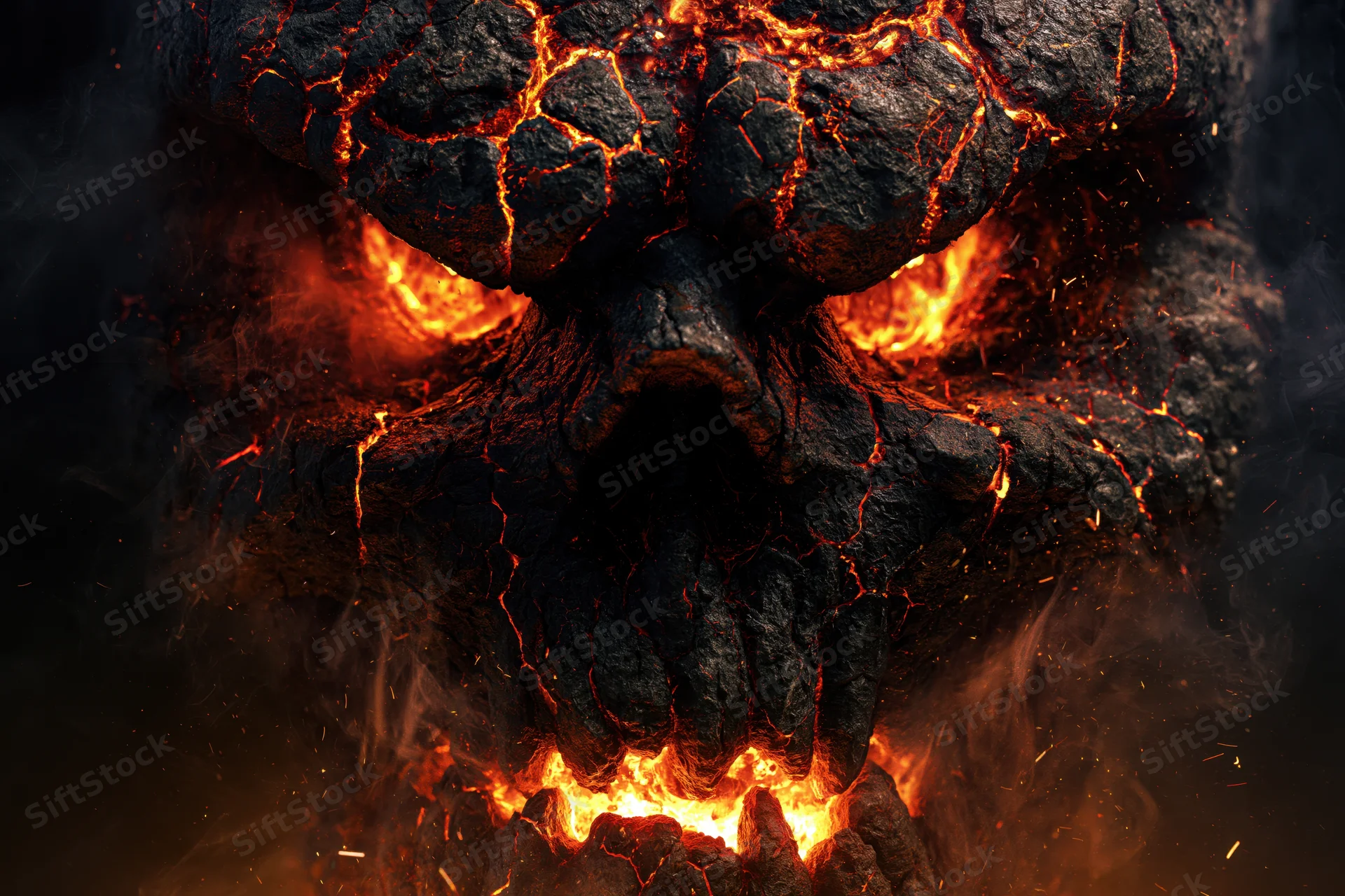 Demonic skull formed from cracked volcanic rock with glowing lava veins and sparks