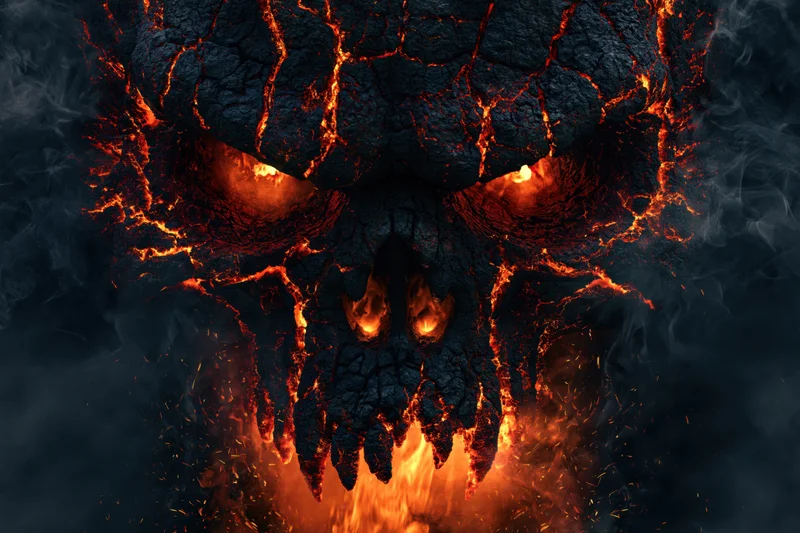Demonic skull made of cracked volcanic rock with glowing lava eyes and mouth, surrounded by smoke and fire