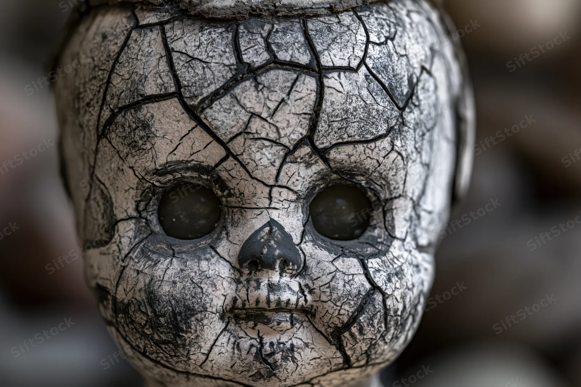 Close-up of a cracked weathered doll head with dark eyes and broken surface