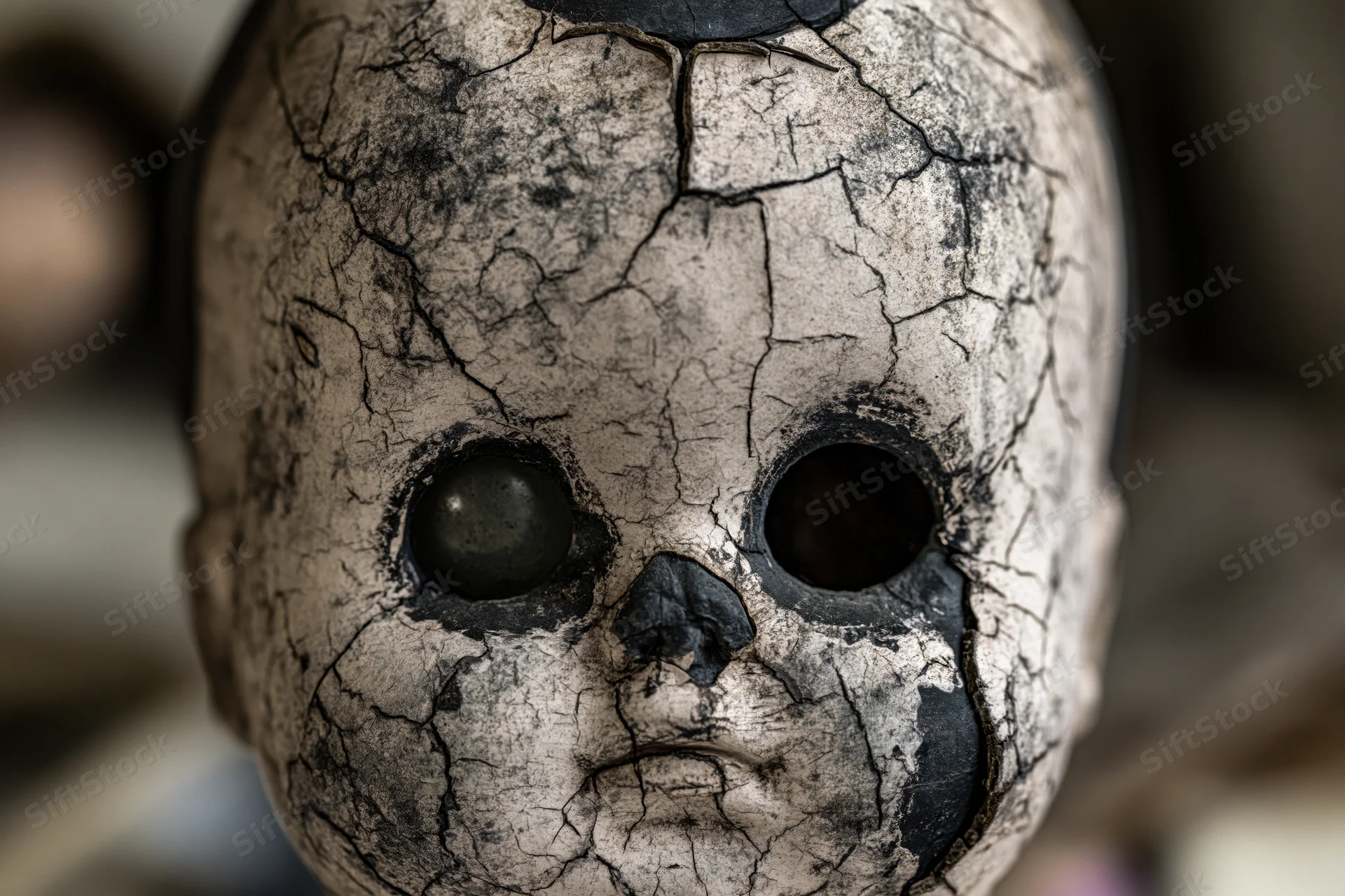 Close-up of a cracked weathered doll head with black eyes and gray-white surface in dim light