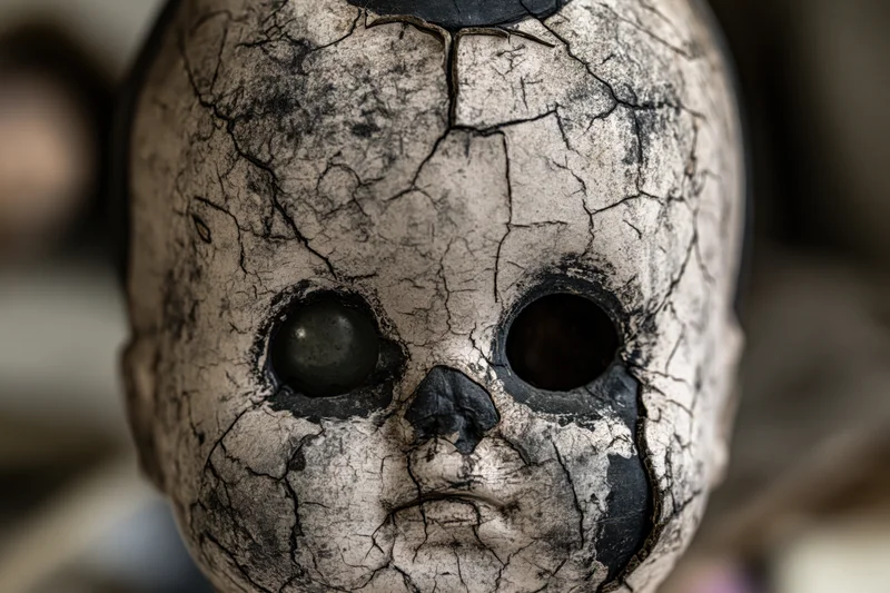 Close-up of a cracked weathered doll head with black eyes and gray-white surface in dim light