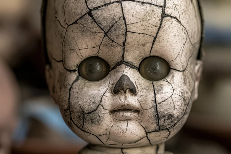 Close-up of a cracked porcelain doll head with dark glass eyes and weathered surface