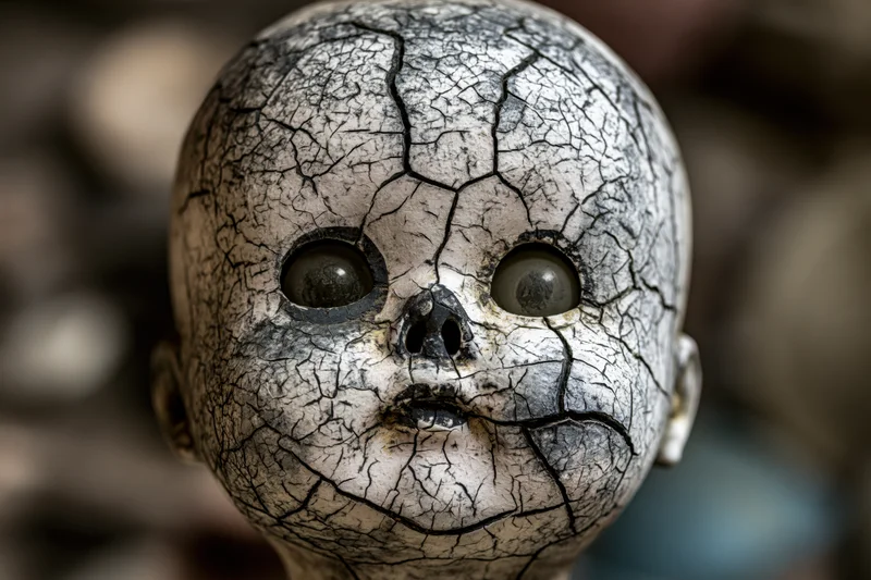 Close-up of a cracked vintage doll head with eerie glass eyes and weathered porcelain surface