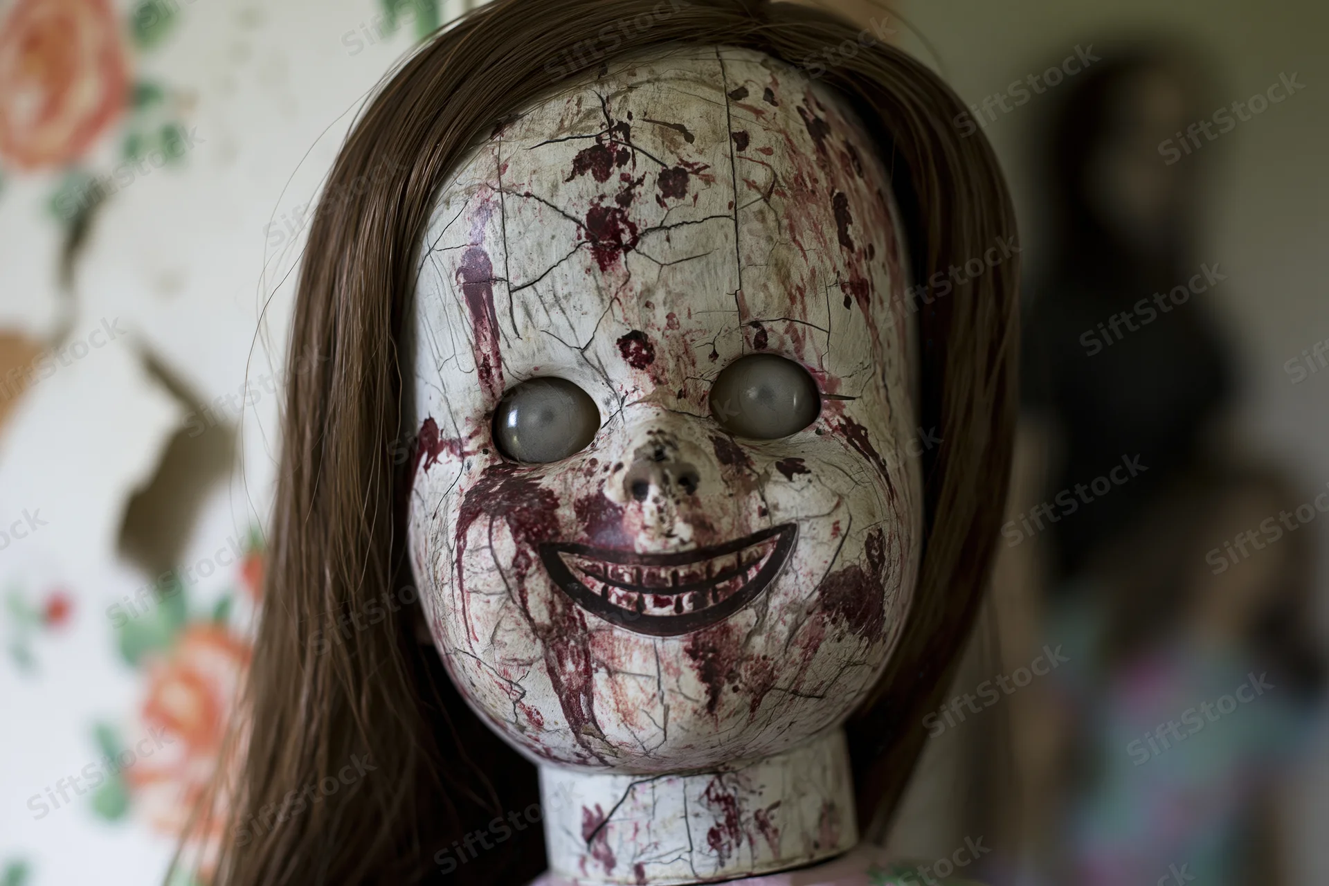 Close-up of a weathered plastic doll face with cracked paint and bloodstains, set against floral wallpaper with blurred figures in the background