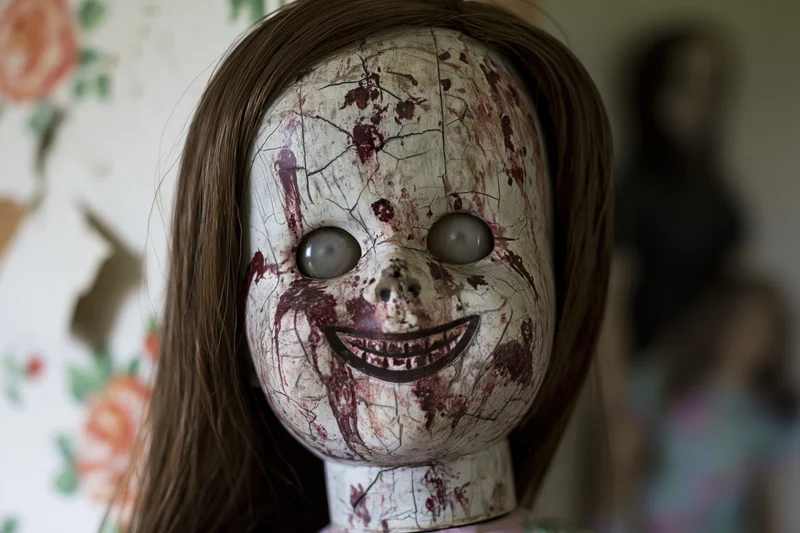 Close-up of a weathered plastic doll face with cracked paint and bloodstains, set against floral wallpaper with blurred figures in the background
