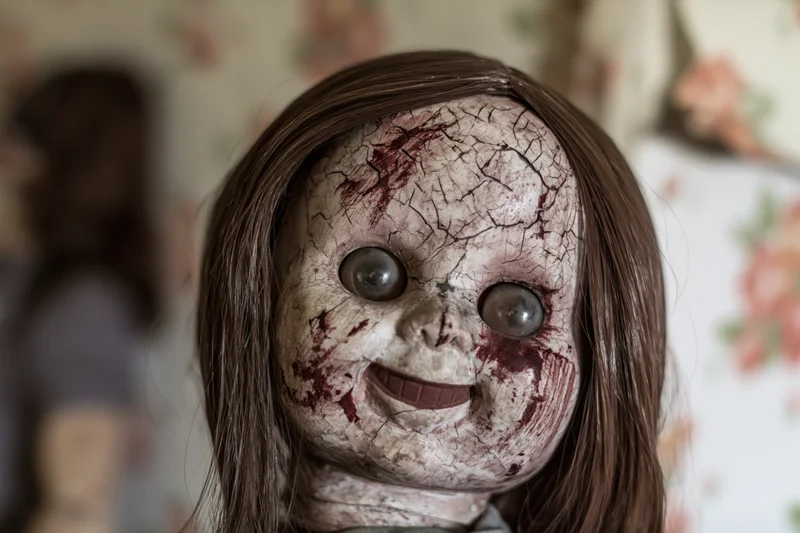 Close-up of a weathered plastic doll face with cracked paint and brown hair against floral wallpaper