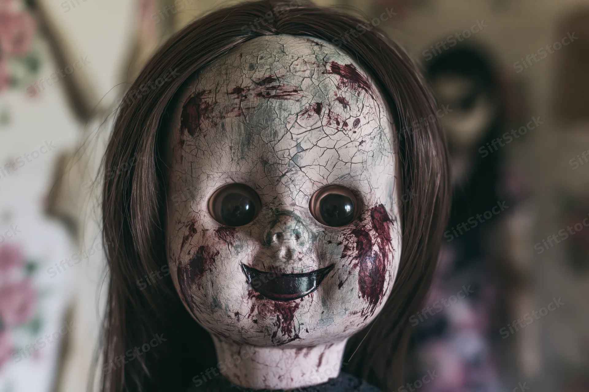 Close-up of a weathered plastic doll face with cracked paint and dark hair, showing a sinister smile and bloodstains