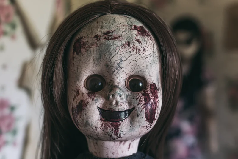Close-up of a weathered plastic doll face with cracked paint and dark hair, showing a sinister smile and bloodstains