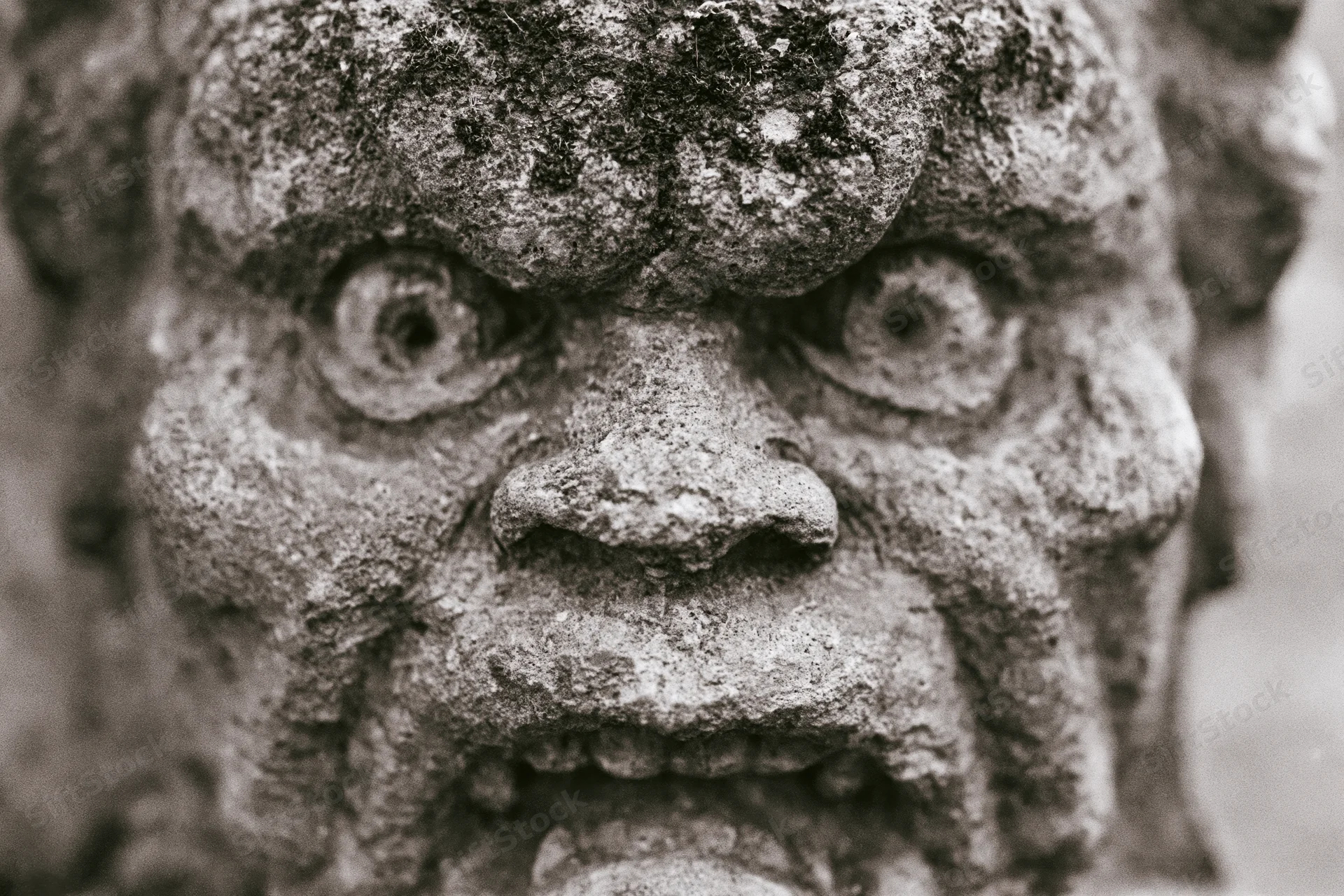 Close-up of a weathered stone gargoyle face with detailed eyes and teeth on a building facade