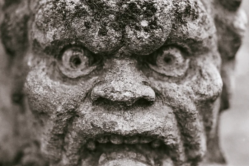 Close-up of a weathered stone gargoyle face with detailed eyes and teeth on a building facade