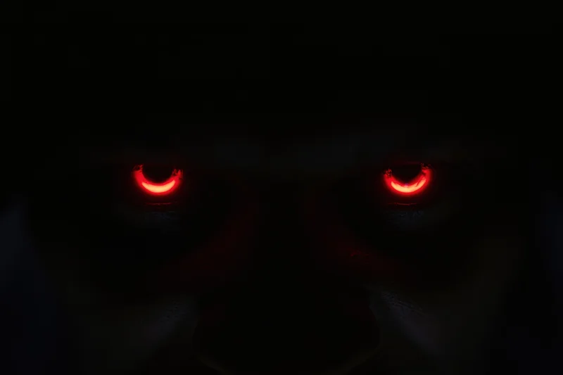 Glowing red eyes staring from complete darkness