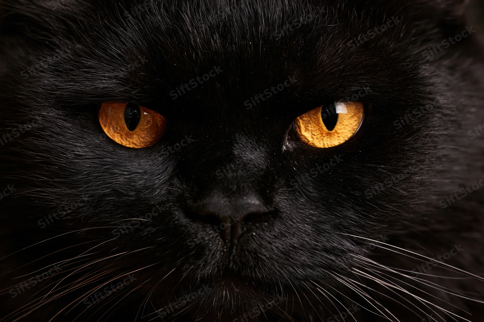 Close-up of a black cat staring directly at the camera with intense orange eyes