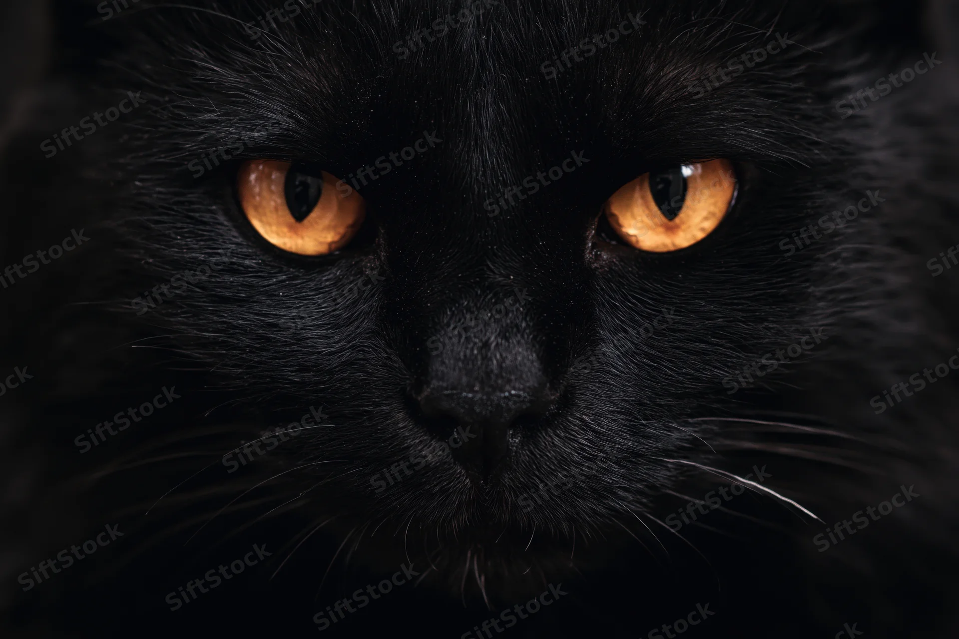 Close-up portrait of a black cat staring directly into the camera with intense orange eyes