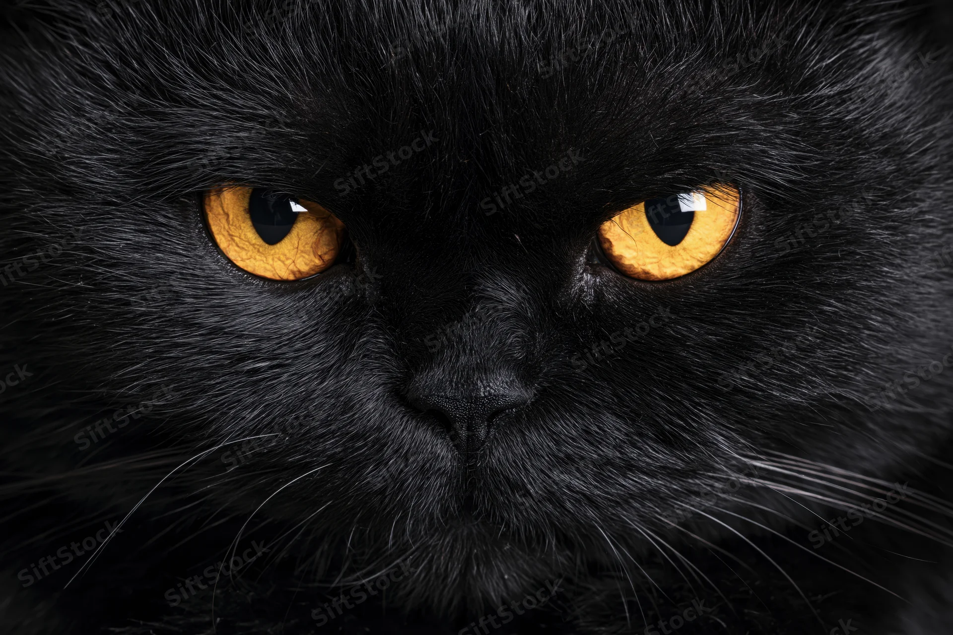 Close-up of a black cat staring directly into the camera with intense yellow eyes
