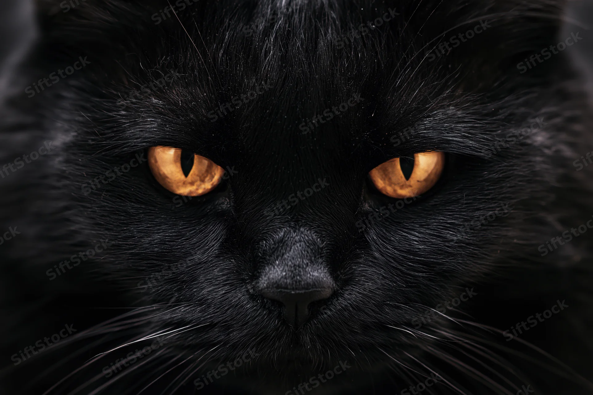 Close-up of a black cat staring directly with intense orange eyes in a dark setting