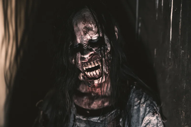 Close-up of a woman performer in elaborate zombie special effects makeup with decaying skin and bloodied teeth, standing in a dark, grimy setting