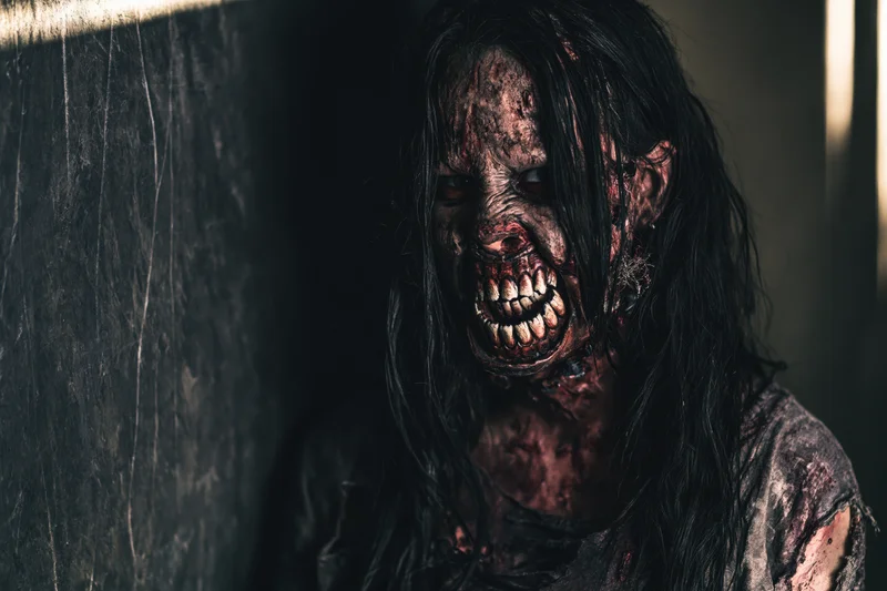 Close-up of a zombie performer with detailed decay makeup and bloodied teeth in a dark setting