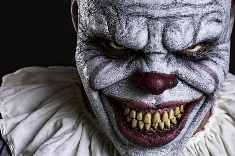 Close-up of a horror clown with white face paint, red nose, and grinning mouth showing yellowed teeth, wearing a ruffled collar