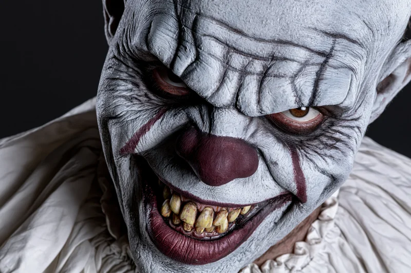 Close-up of a horror clown with detailed makeup and grinning expression wearing a ruffled white collar