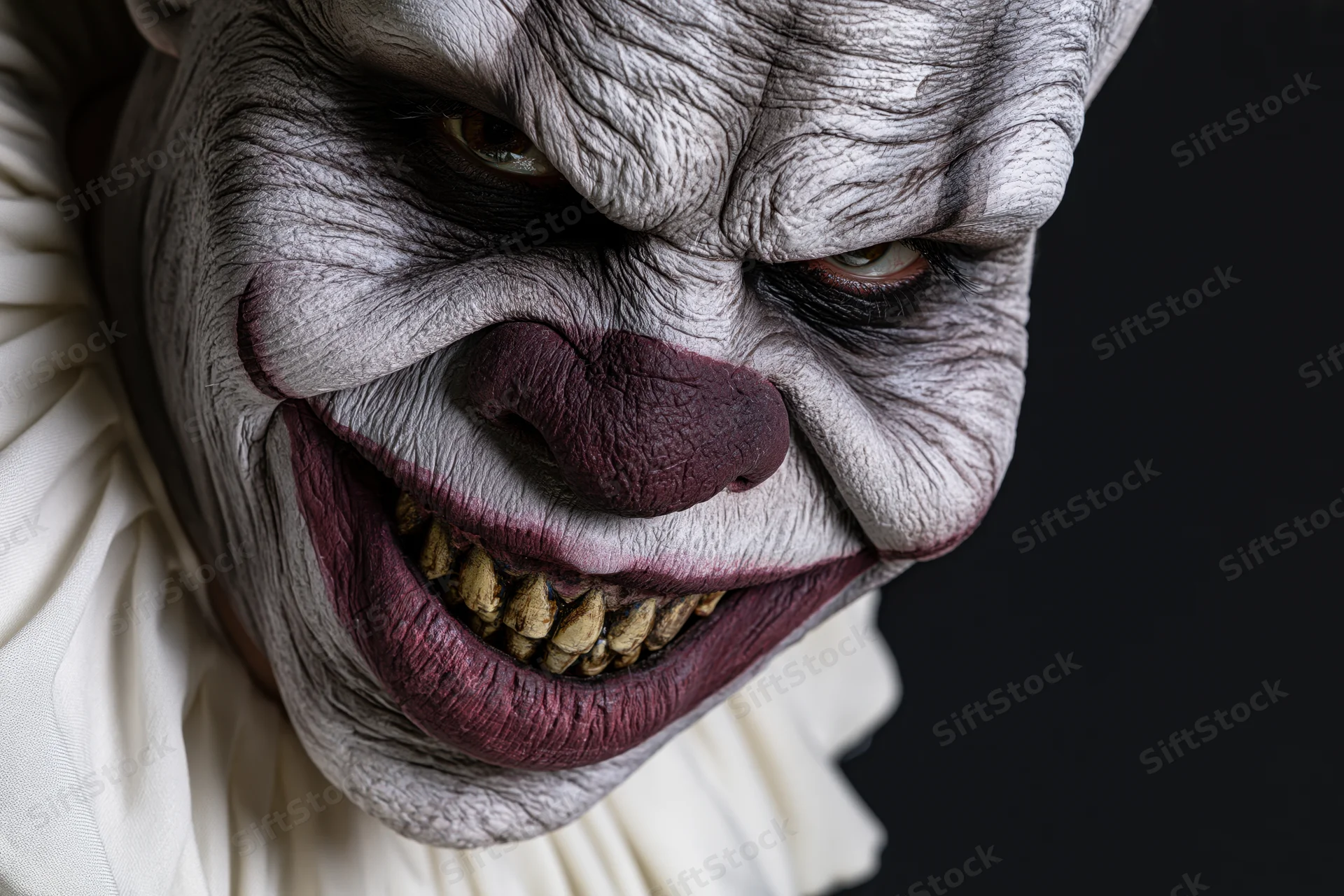Close-up of a horror clown with detailed white makeup and grimacing expression against a dark background