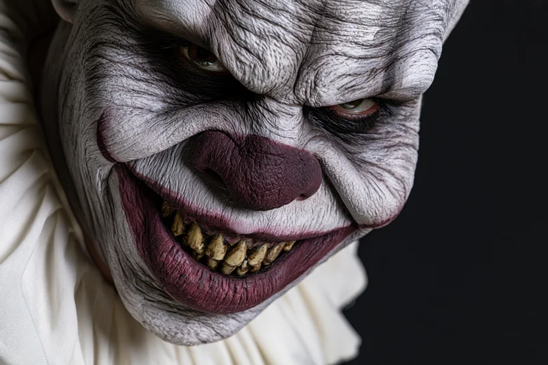 Close-up of a horror clown with detailed white makeup and grimacing expression against a dark background