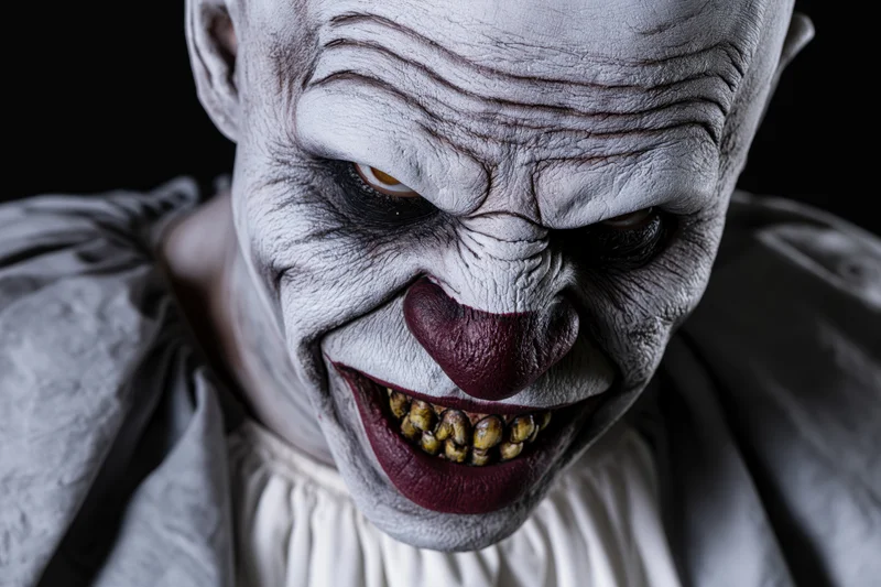 Close-up of a horror clown with white face paint, red lips, and yellowed teeth grimacing against a dark background