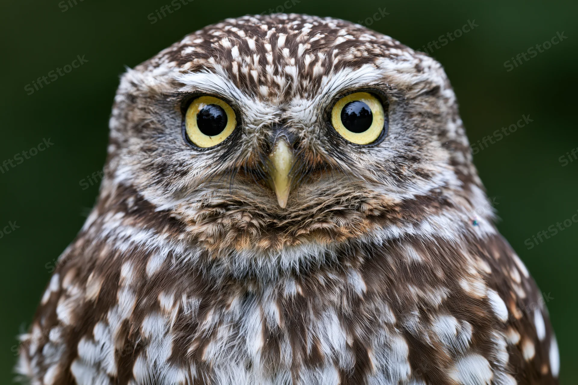 Close-up portrait of a small owl facing the camera directly with bright yellow eyes and mottled brown and white feathers