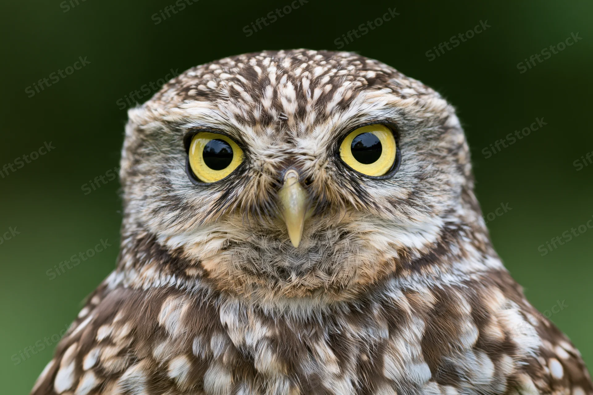 Close-up portrait of a small owl facing the camera directly with bright yellow eyes and mottled brown feathers against a blurred green background