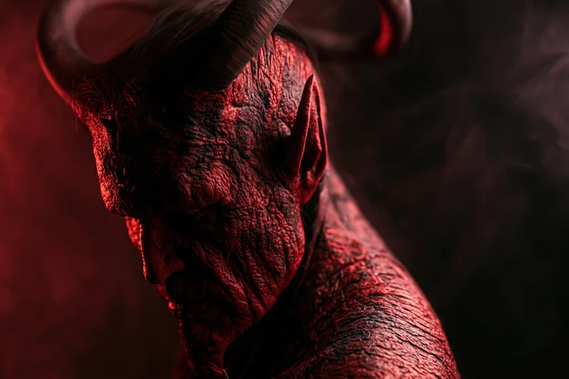 Close-up profile of a demon with textured red skin and horns in a dark smoky setting