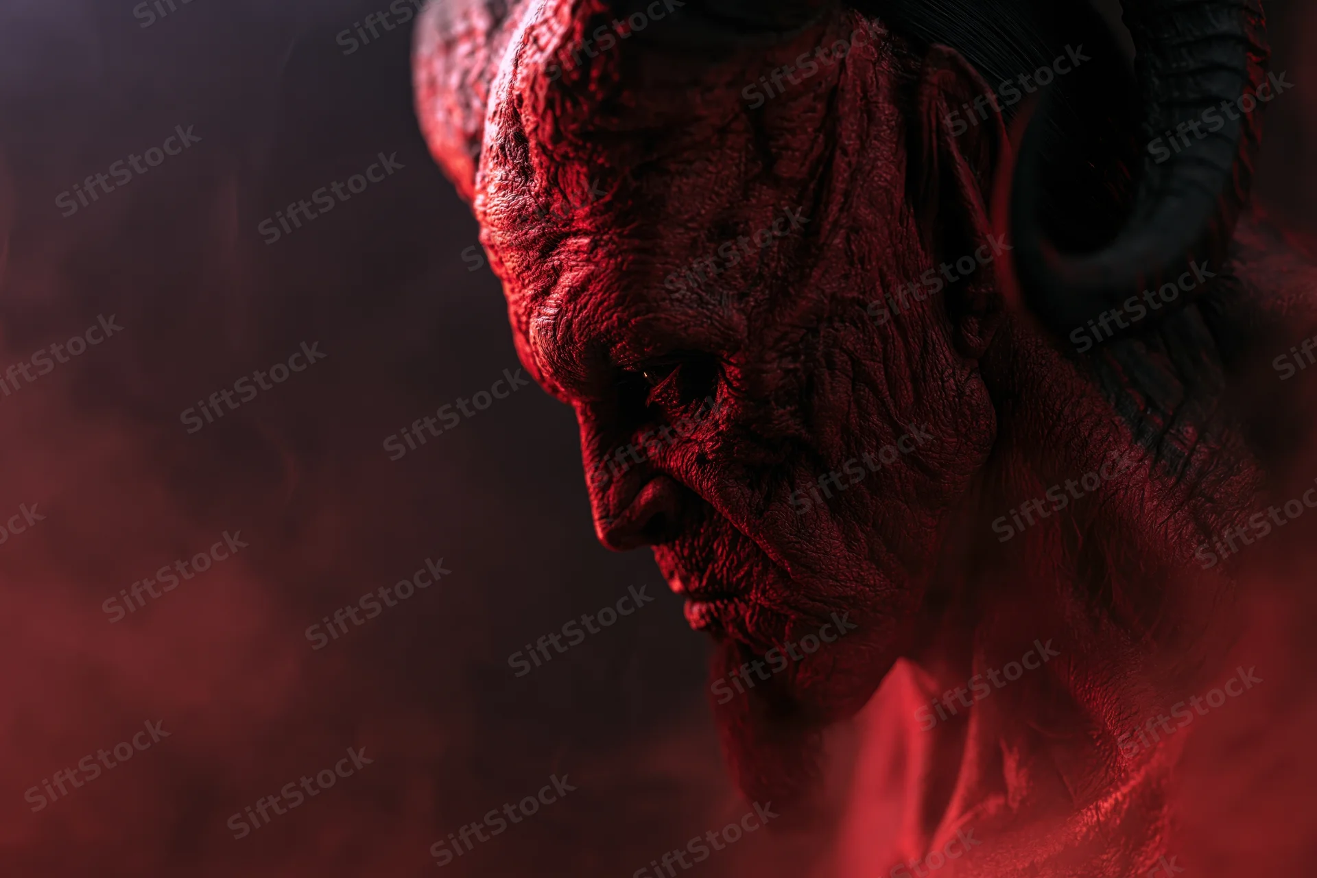 Close-up profile of a horned demon with textured red skin in shadowy smoke