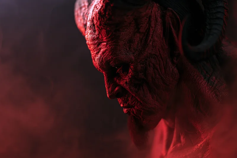 Close-up profile of a horned demon with textured red skin in shadowy smoke