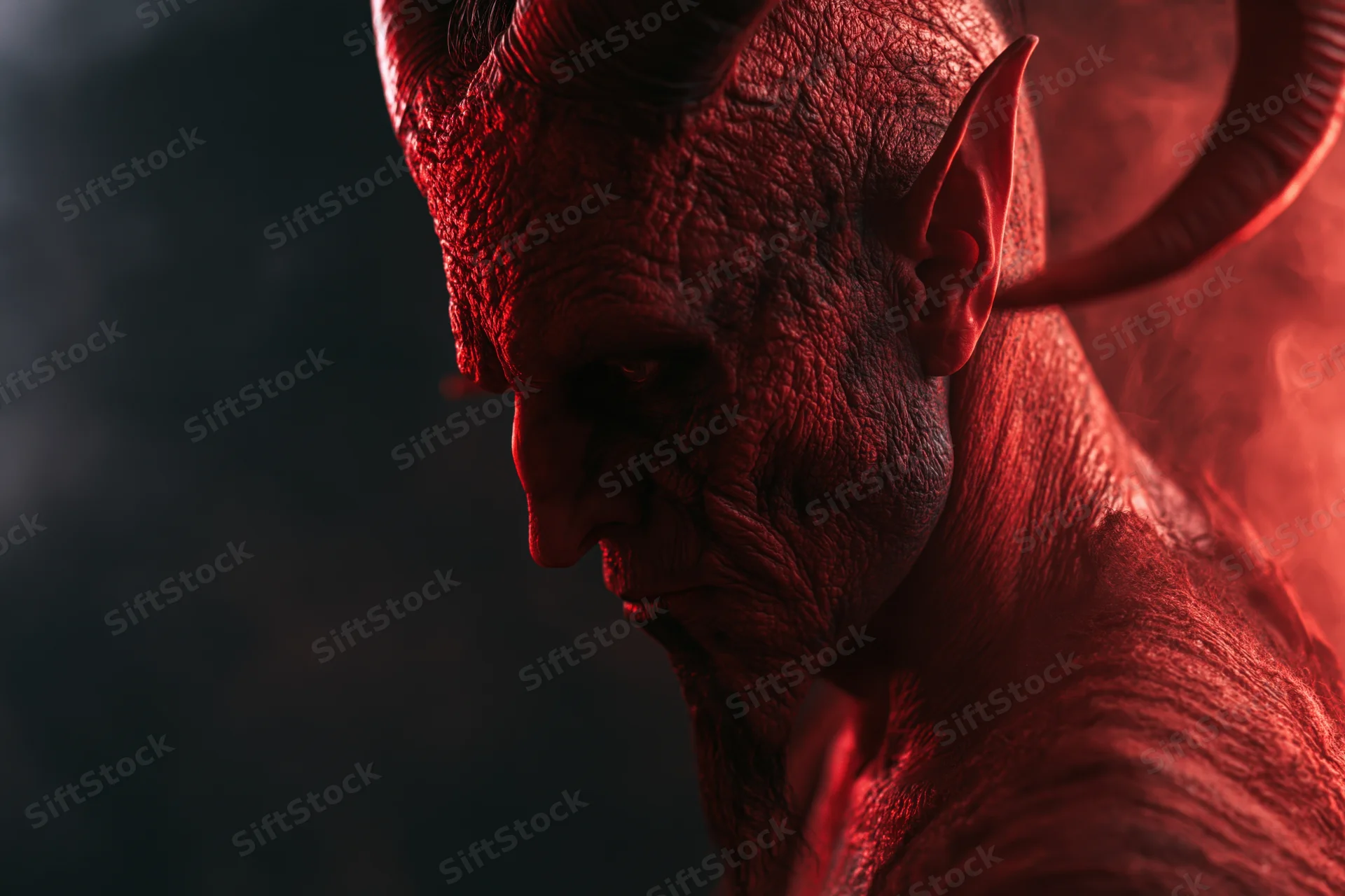 Close-up profile of a horned demon with textured red skin in shadowy light