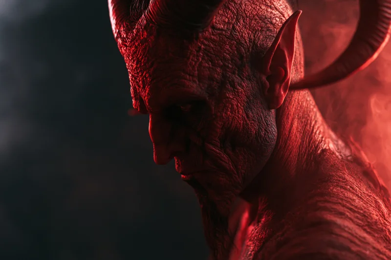 Close-up profile of a horned demon with textured red skin in shadowy light