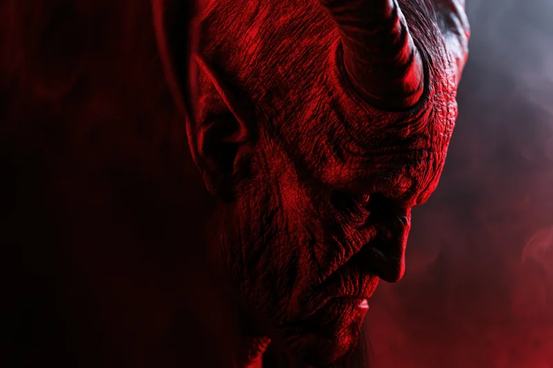 Close-up profile of a horned demon with textured red skin in dark shadowy lighting