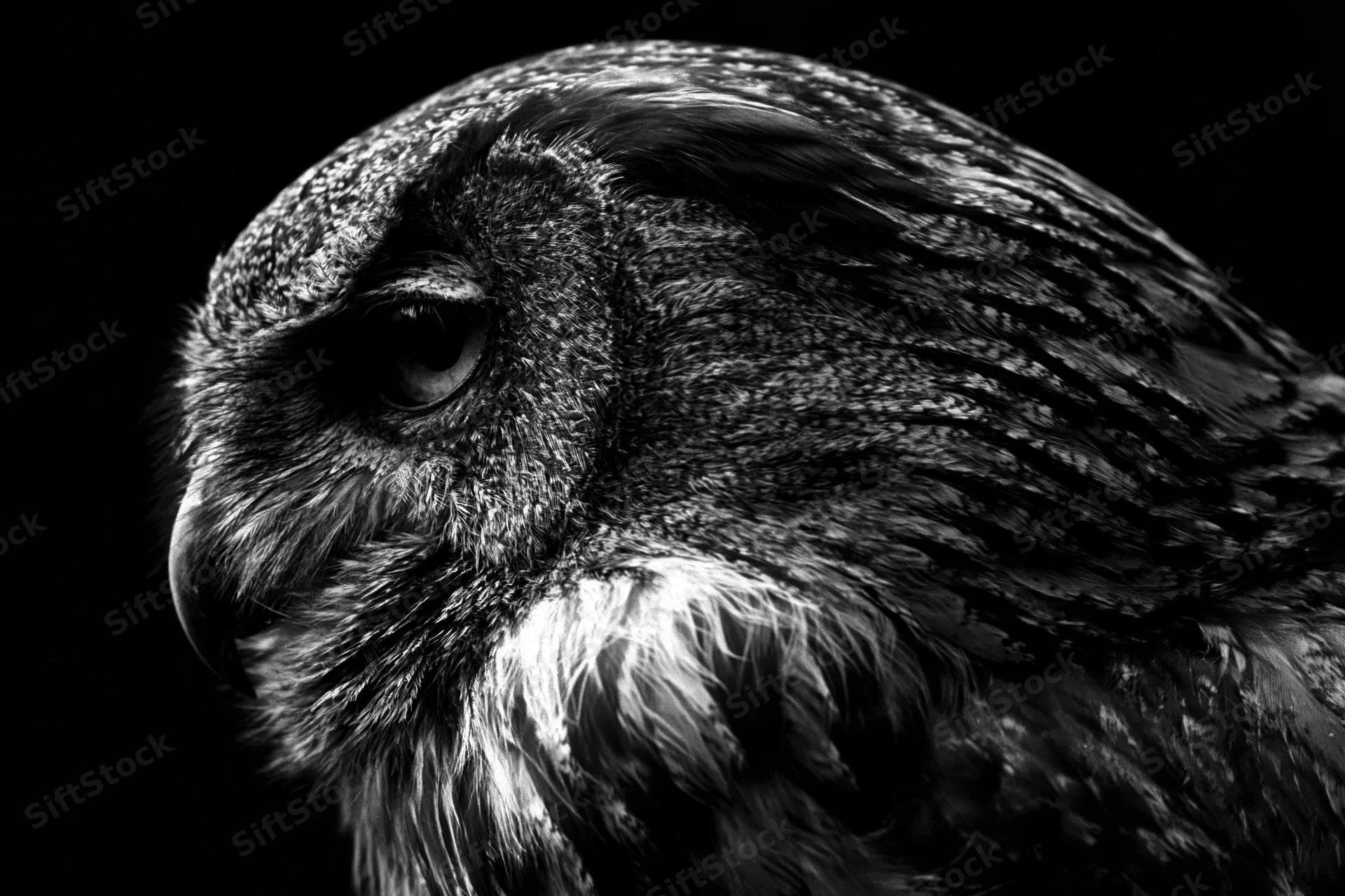 Close-up profile of an owl’s head in monochrome with detailed feathers and intense gaze against black background