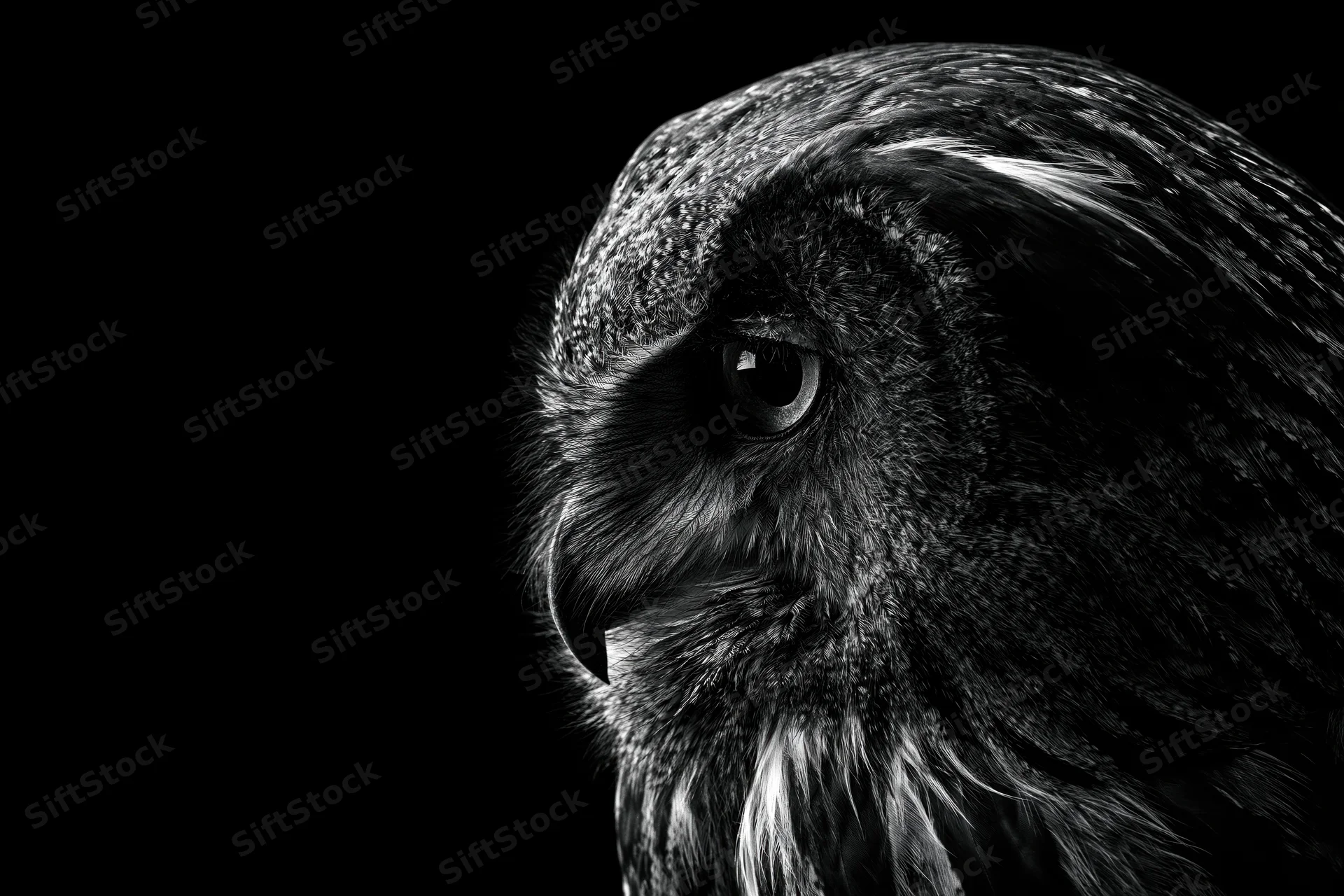Close-up profile of an owl’s head with intense gaze against black background