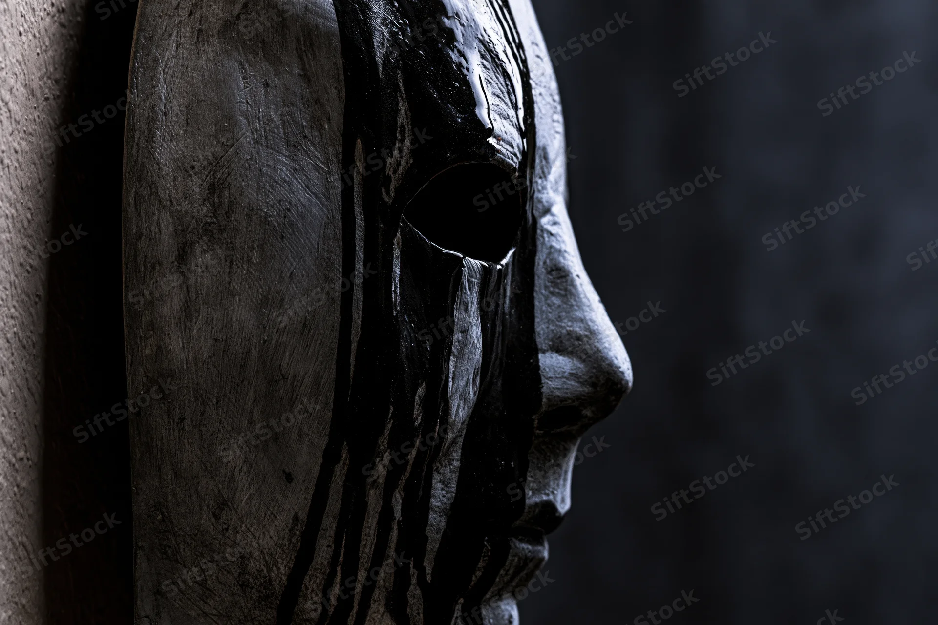 Weathered black wooden horror mask in side profile against dark background