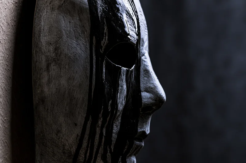 Weathered black wooden horror mask in side profile against dark background