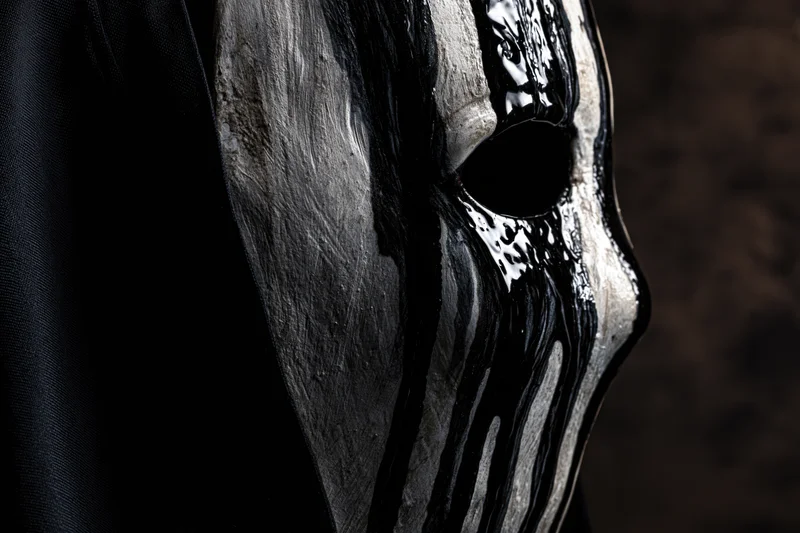 Close-up side profile of a weathered horror mask with dripping black paint on a dark background