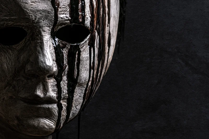 Close-up side profile of a weathered horror mask with blood dripping down its surface against a dark background