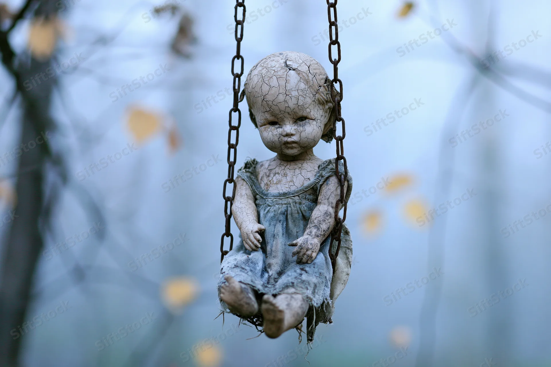 Cracked porcelain doll sitting on rusted chains in a tree with autumn leaves blurred in background