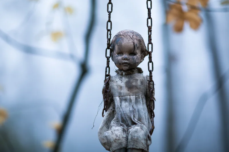 Cracked porcelain doll sitting on rusted chain swing outdoors among autumn trees