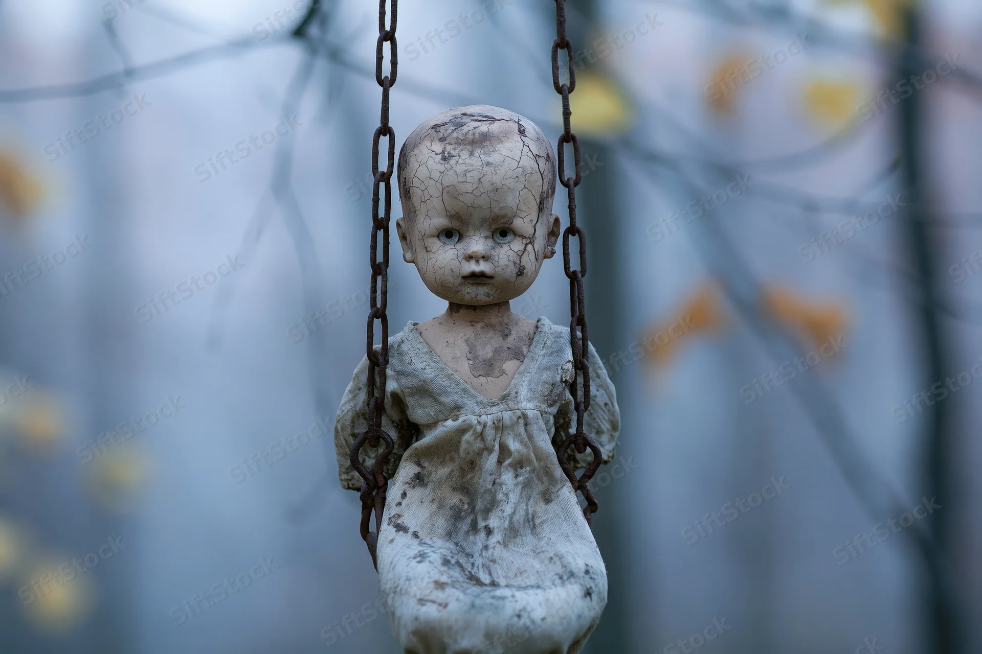 Cracked porcelain doll sitting on rusted chain swing outdoors among autumn trees