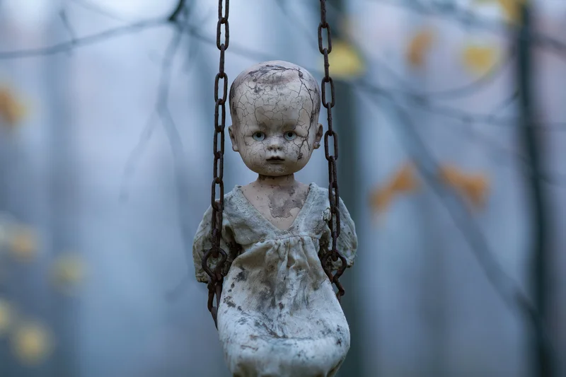 Cracked porcelain doll sitting on rusted chain swing outdoors among autumn trees