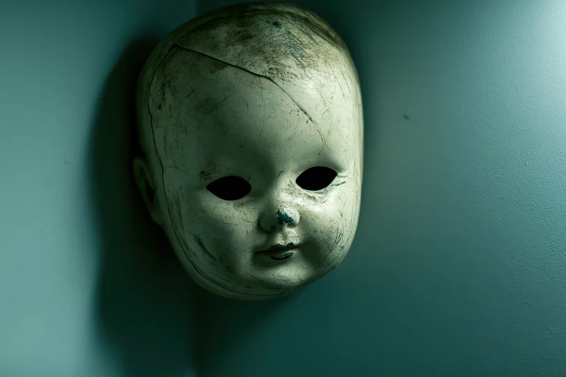 Cracked porcelain doll face propped in a dark corner