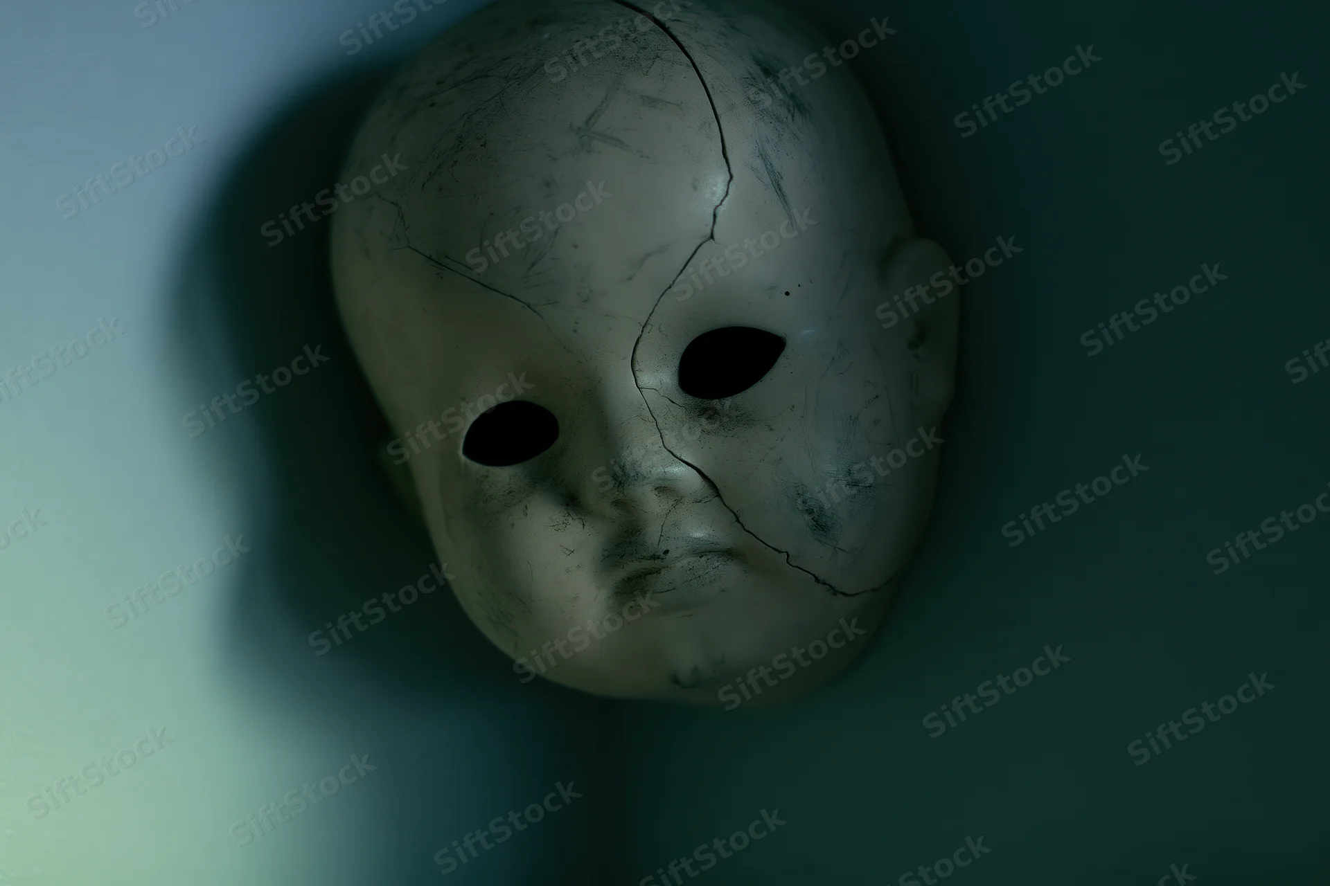 Cracked porcelain doll face propped in a dark corner