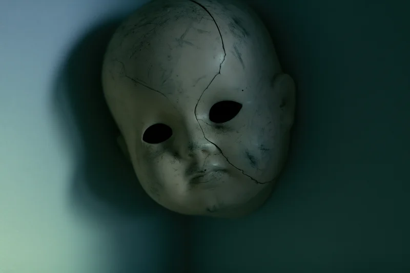 Cracked porcelain doll face propped in a dark corner